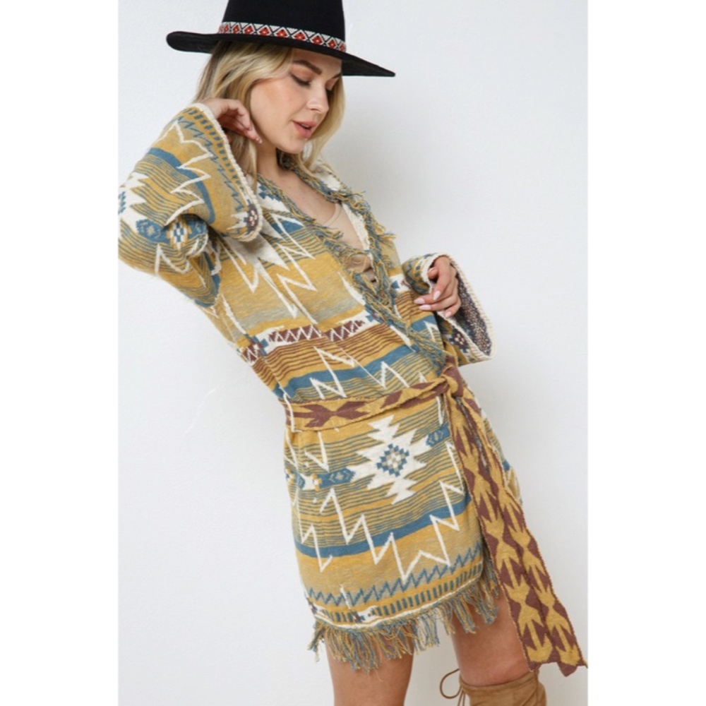 SOLD OUT Mustard Fringe Western Native Aztec Belted Tie Knit Cardigan Sweater - Picture 8 of 9